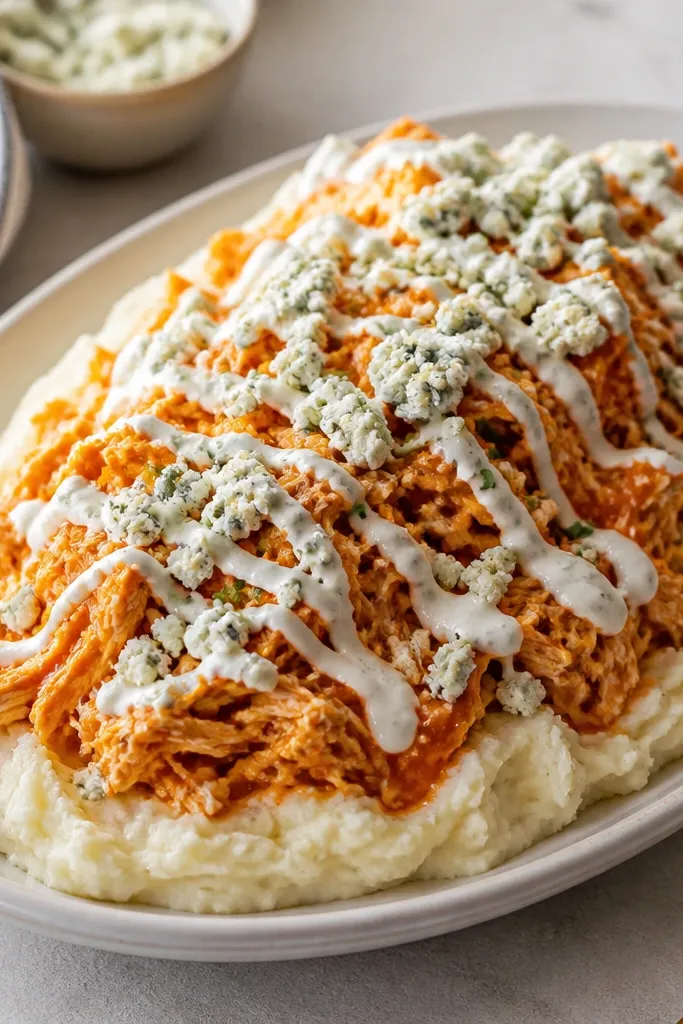 A platter with mashed potatoes topped by shredded buffalo chicken. Blue cheese crumbles sit in uneven heaps, and a drizzle of ranch is visible in thin lines around the peak.