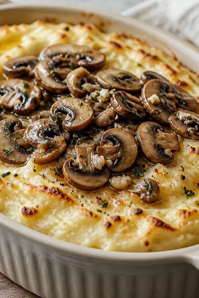 A baking dish with a golden mound of mashed potatoes. Sautéed mushrooms are piled on top, and a sheen of garlic butter glints under the light. The top of the potatoes has browned freckles.