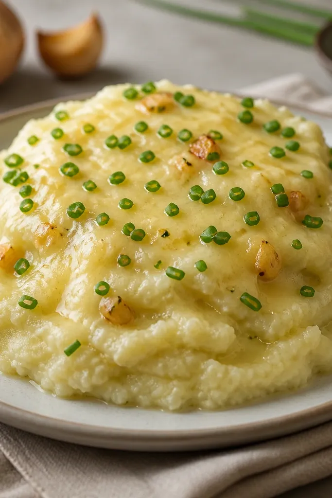 A round plate with a tall mound of pale mash. White cheddar is melted in a smooth layer on top, and you can see roasted garlic cloves mashed into the cheese. Chives are cut into short rings and sprinkled evenly.
