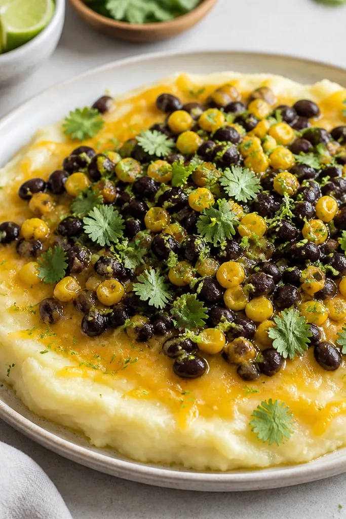 A bright platter with mashed potatoes topped by a thin layer of melted cheese. On top sits a chunky mix of black beans and corn, with cilantro leaves scattered and lime zest sprinkled like confetti.