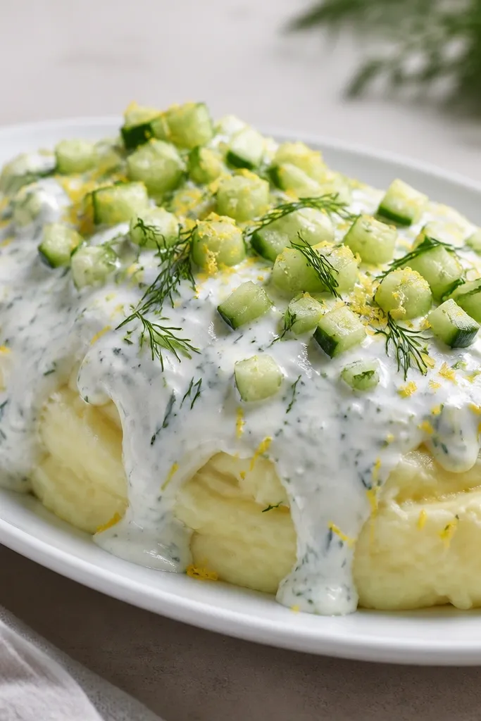 A white oval platter with a mound of mashed potatoes. Tzatziki is spooned in a thick drip pattern down the sides, and cucumber dice and dill sit on top. Lemon zest is visible as tiny yellow flecks.