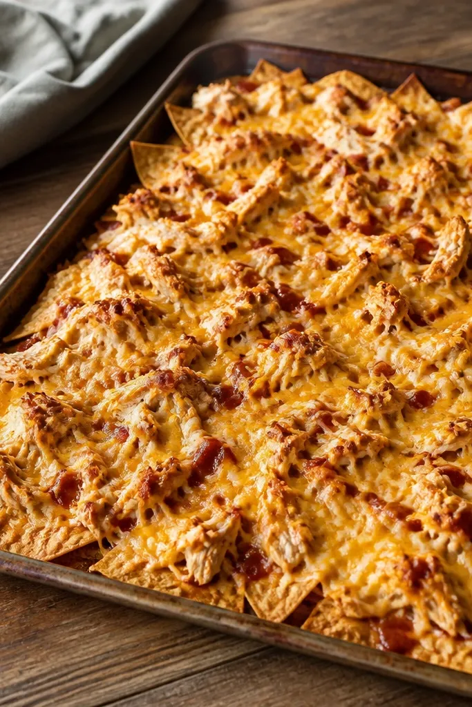 A wide sheet pan filled with tortilla chips in a single layer. Shredded chicken and a spoonful of sauce are scattered across the chips. The top is dusted with shredded cheese that has melted into a shiny, bubbling layer with browned edges.