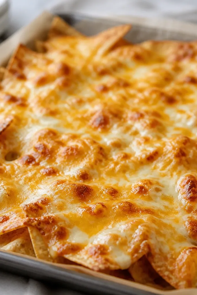 Nachos with two layers of cheese timing: first a lighter cheese layer melts across the chips, then a second sprinkle of cheddar goes on right before the final minutes. The photo shows a mix of pale melted cheese and darker browned patches.