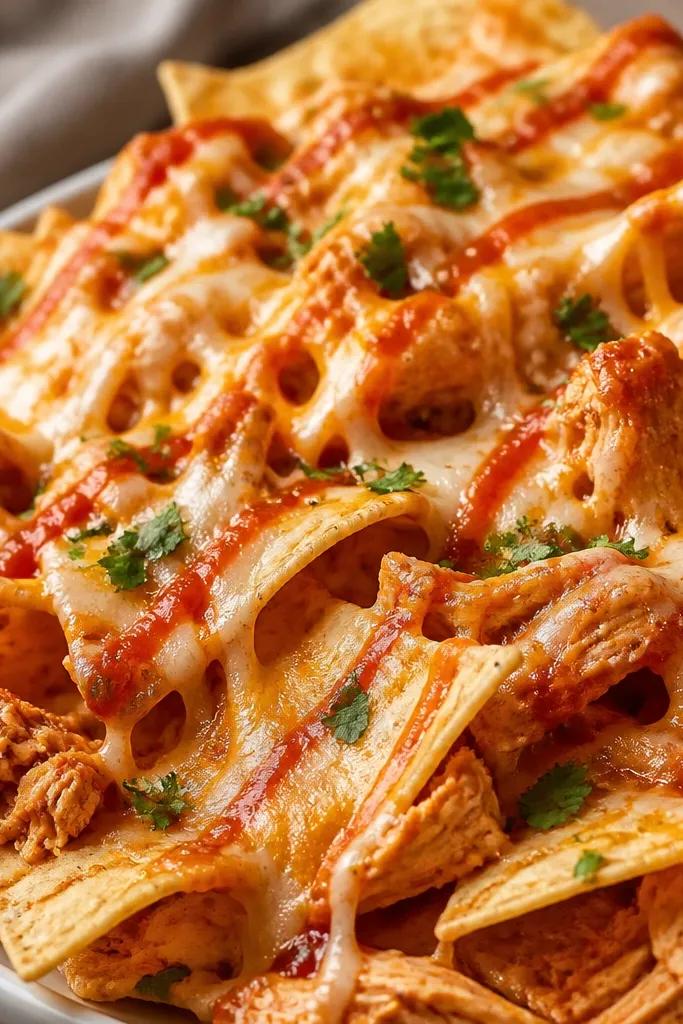 A close-up of nachos where chicken is visible in small clumps. Red enchilada sauce is drizzled in thin lines, not pooled. Cheese sits on top and has melted into a red-orange tint where sauce touches it.