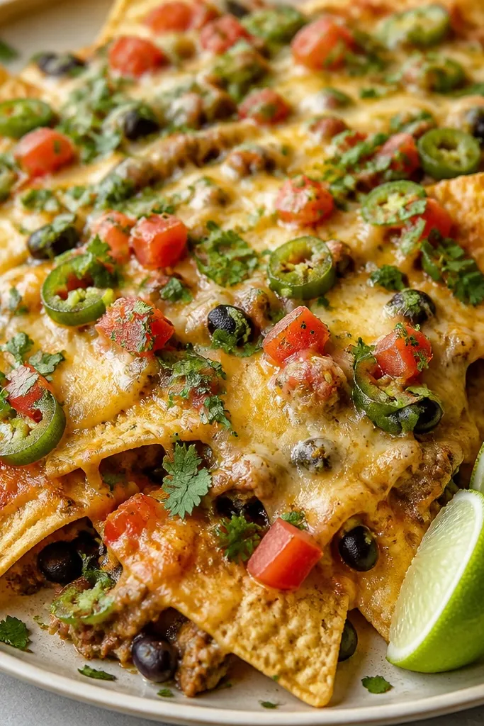 Nachos with a final garnish: chopped cilantro scattered like confetti and lime wedges placed at the edge. The cheese is melted and bubbling, while the cilantro looks fresh and green, not wilted.