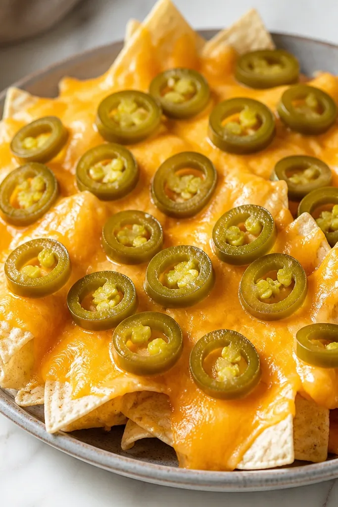 Nachos topped with bright green pickled jalapeño rings placed on the cheese surface. The rings look glossy and separated, not soaked into sauce.