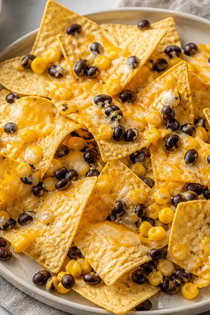 Nachos with scattered black beans and corn kernels visible between melted cheese patches. The beans look matte and dark; the corn looks bright yellow-orange under the cheese.
