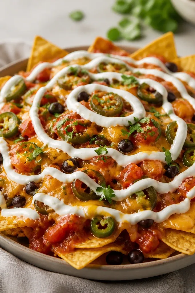 Nachos topped with thin sour cream lines forming a loose swirl pattern. The white streaks contrast against melted cheese and red sauce.