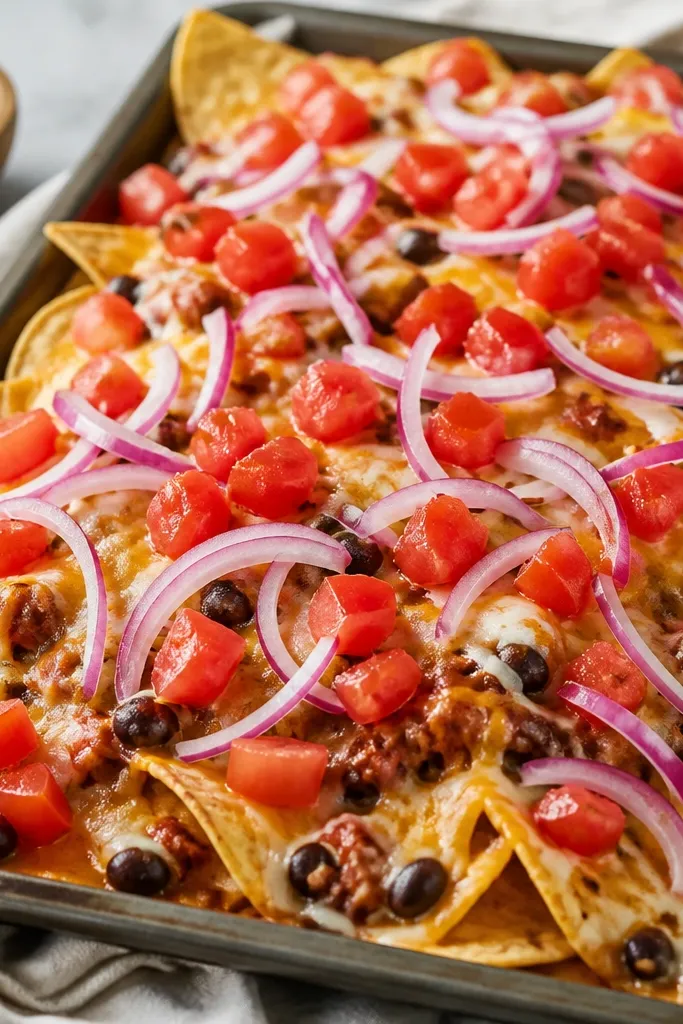 Nachos with fresh diced tomatoes and thin sliced red onion sprinkled on top after baking. The tomatoes look juicy and red; onion looks crisp and slightly translucent.
