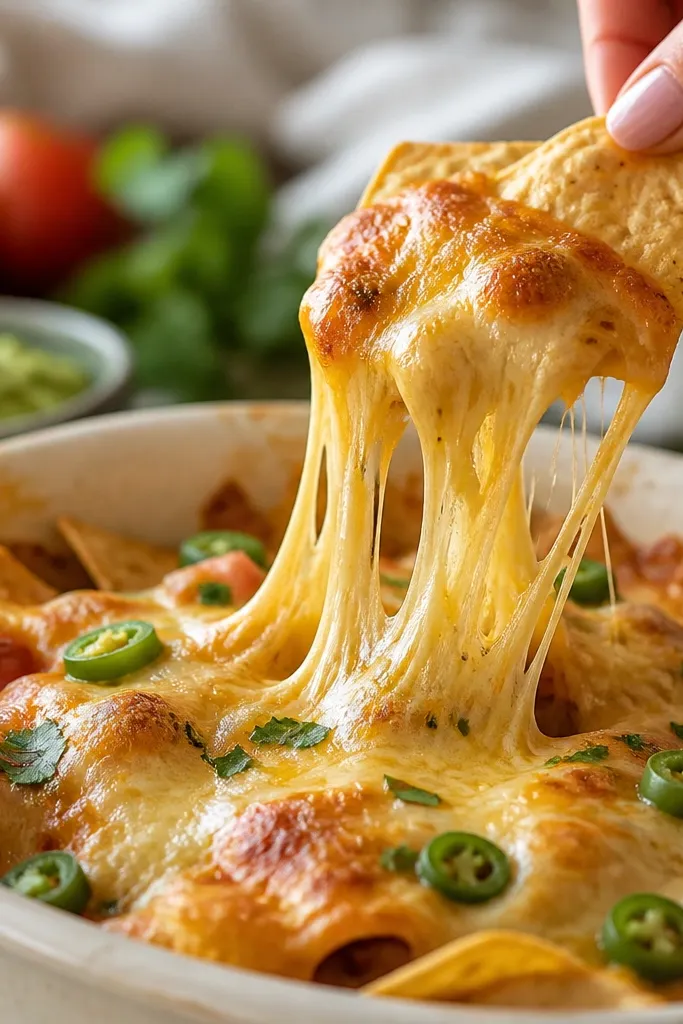A serving shot where a chip is lifted and shows melted cheese stretching from chip to adjacent chips. The cheese strings are golden-brown and glossy.