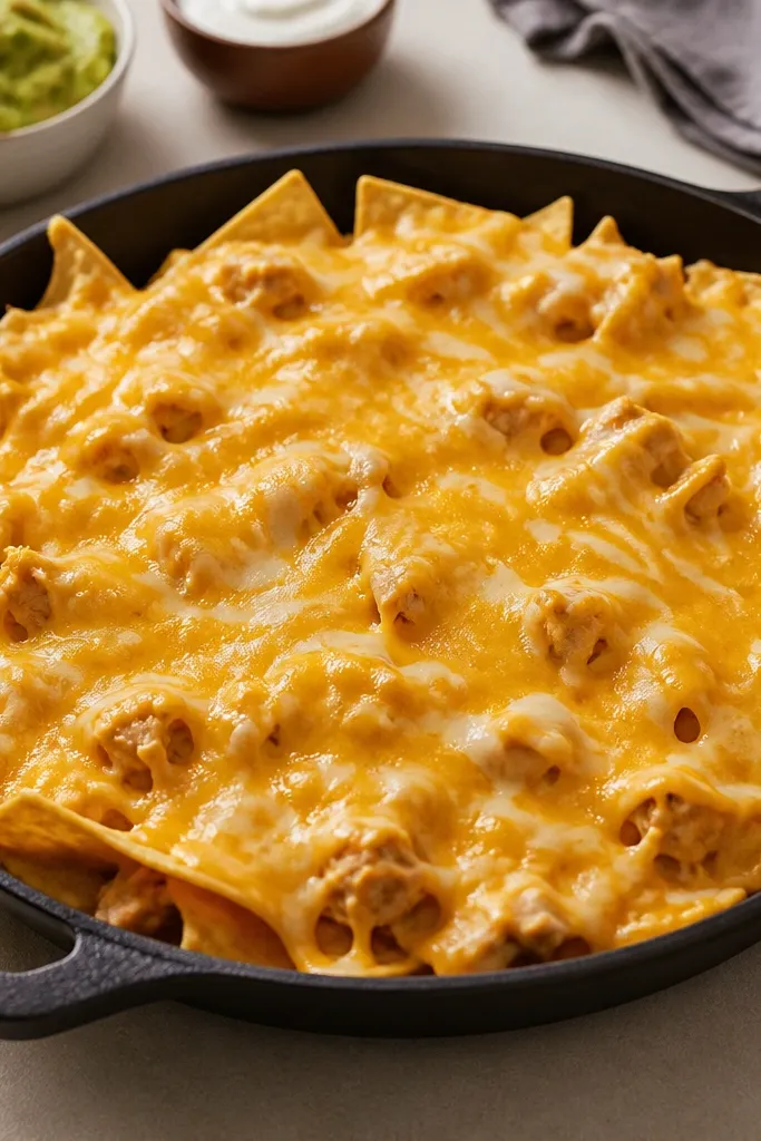 Nachos where chicken pieces are evenly distributed under the cheese. You can see some chicken peeking through, and the cheese covers it smoothly without dry patches.