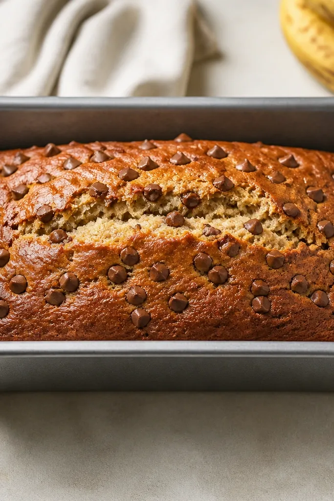A 9x5 loaf pan filled with banana bread batter, baked until the top is deep golden with a crackly dome and visible chocolate chips scattered across the surface.