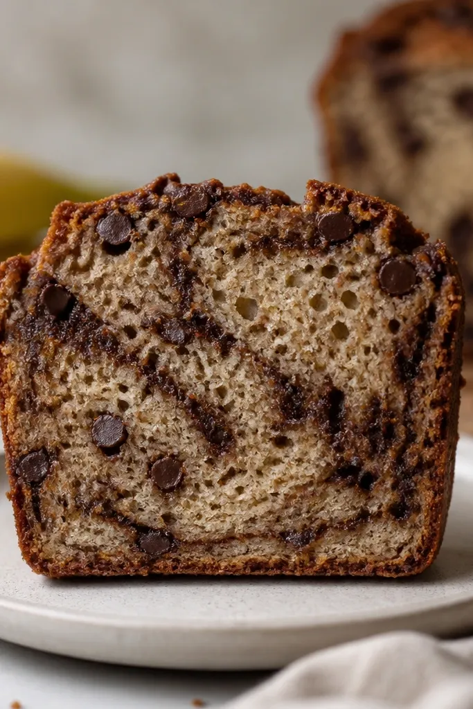 A slice of banana bread showing chocolate chips distributed throughout, with darker streaks that look lightly swirled through the crumb.
