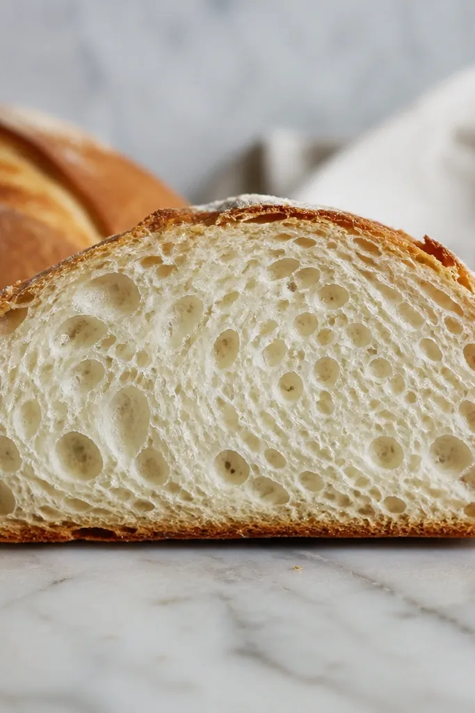 A cross-section photo where the outer crumb is slightly darker and golden, while the inner crumb is lighter, moist, and evenly aerated.