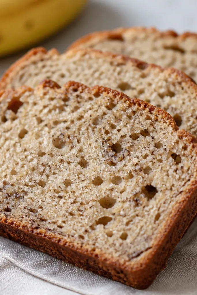 A close-up of bread slices showing visible banana flecks and a slightly rustic, non-uniform crumb with small holes.