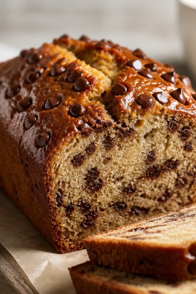 The loaf top is sprinkled with chips pressed into batter so they cling and melt into a glossy crown.