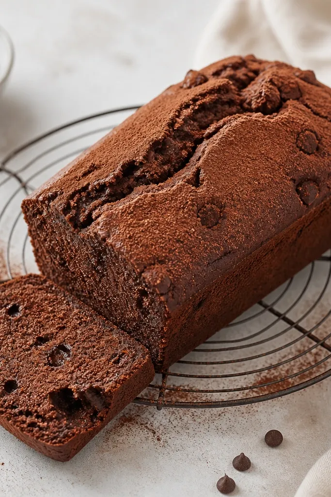 A cooled loaf lightly dusted with cocoa powder, with chocolate chips still visible and the crust looking matte.