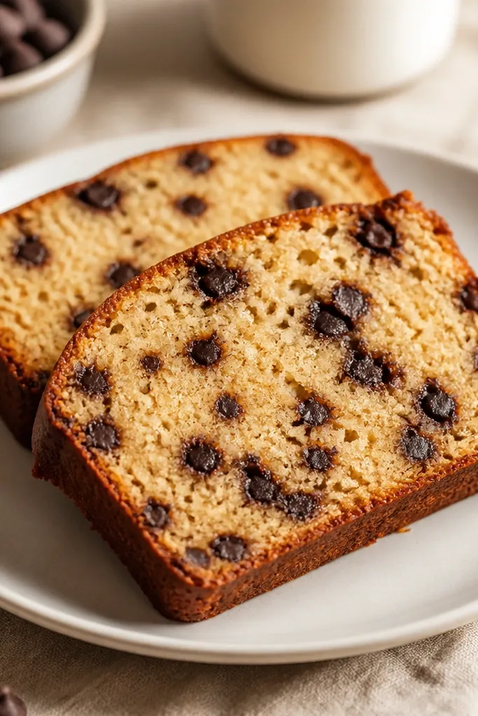 Two thick slices laid on a plate, edges clean and slightly glossy, with chocolate chips evenly distributed through the crumb.