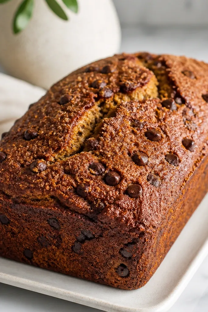 The loaf top shows tiny caramel-colored granules with a crackly crust, chocolate chips still visible.