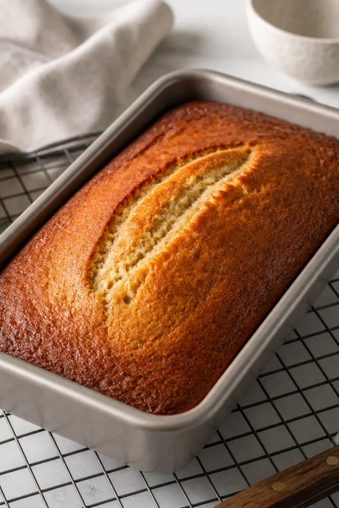 A loaf with a darker top edge and lighter center browning, indicating foil was added partway through baking.