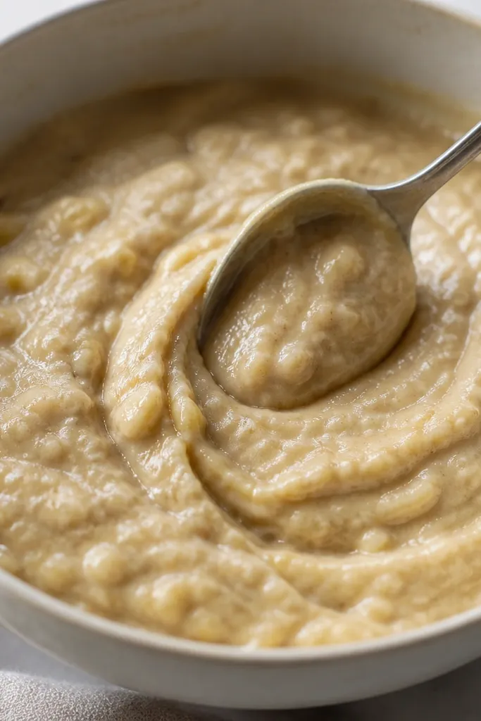 A photo of banana bread batter in a bowl, thick and spoonable, with a spoon leaving ridges that slowly fill back in.