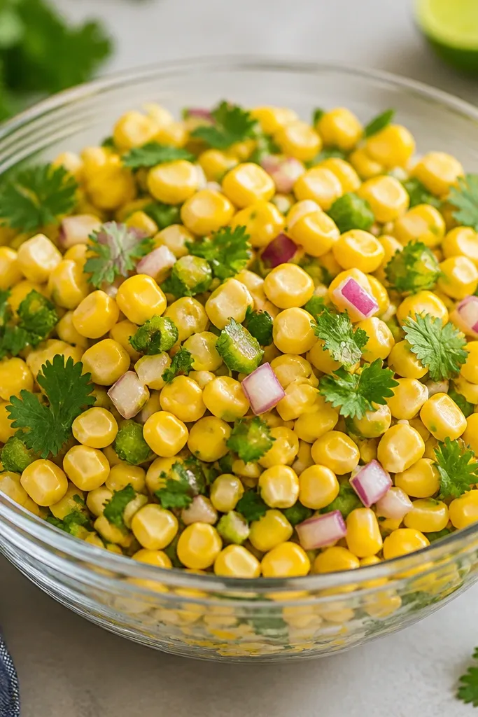A clear glass bowl filled with bright yellow corn kernels, scattered cilantro leaves, and small lime-green flecks from finely chopped jalapeño, with a few red onion bits visible on top.