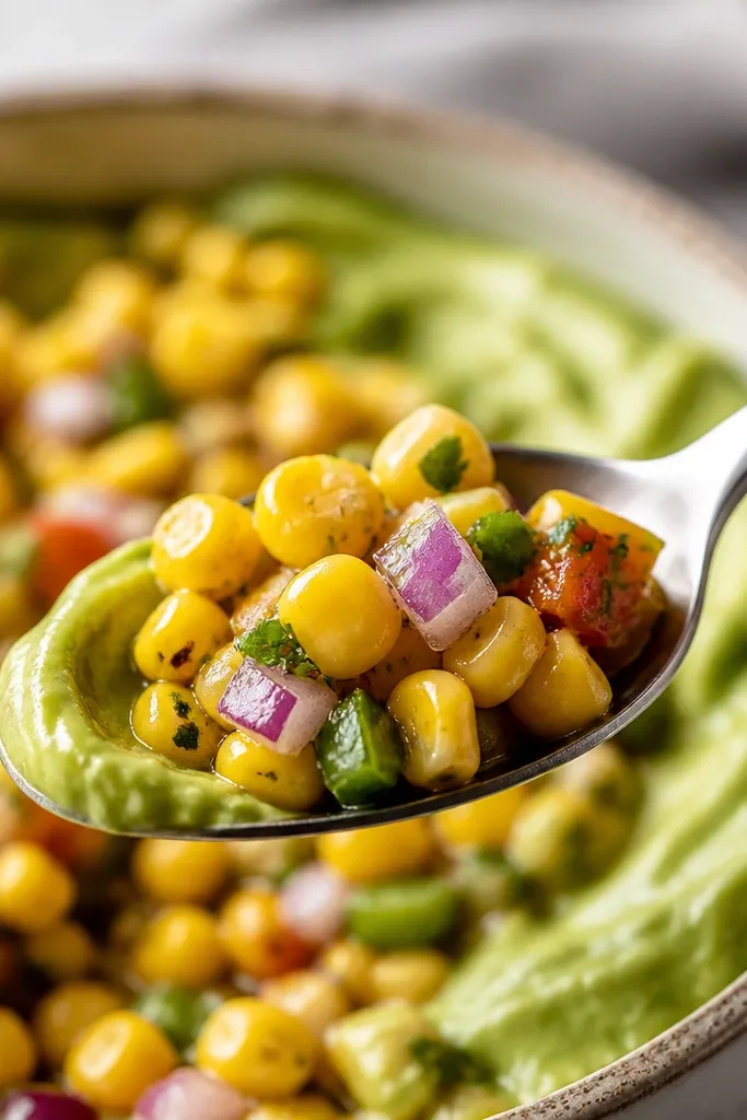 A spoonful of corn salsa with a soft green avocado smear on one edge of the bowl, while the center stays bright yellow and glossy.