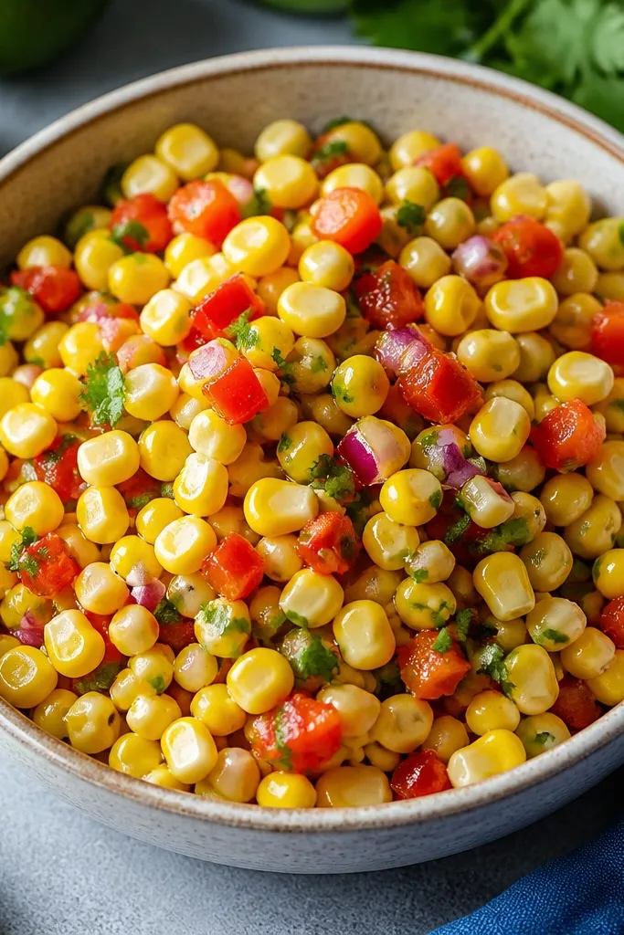 A bowl of corn salsa with visible small red bell pepper pieces scattered throughout like confetti, with tiny cilantro bits and a glossy lime coat.