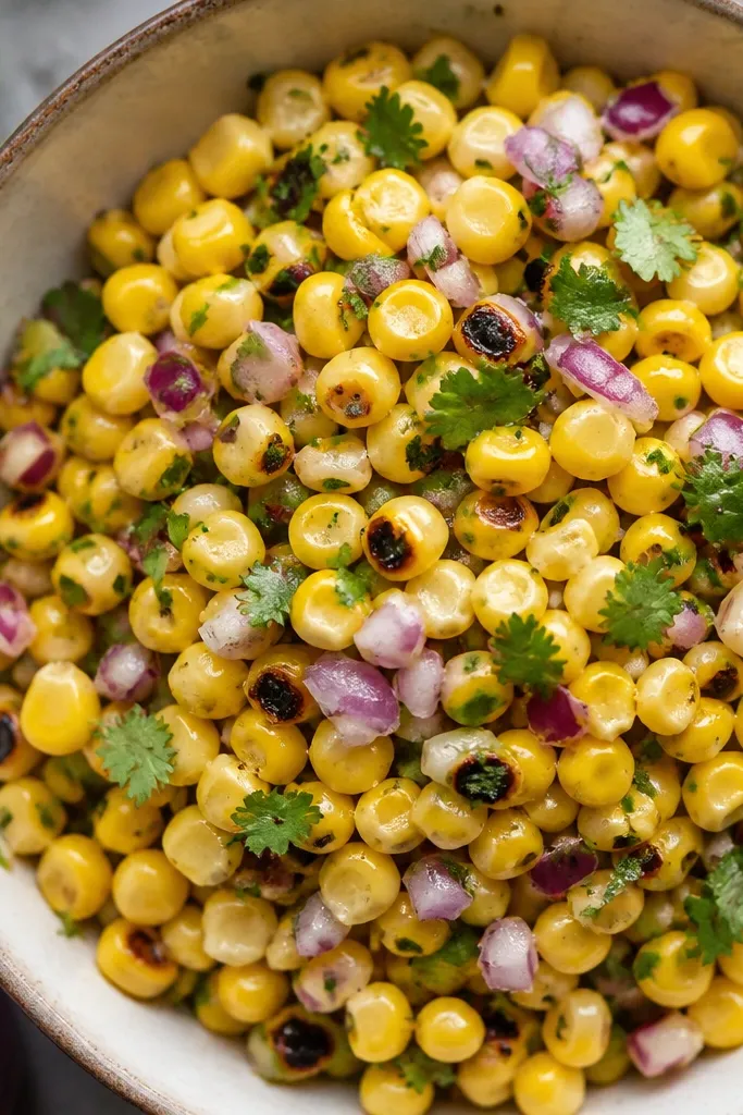 Corn salsa where some kernels look lightly browned and speckled, with cilantro and red onion mixed evenly and lime juice shining on kernels.