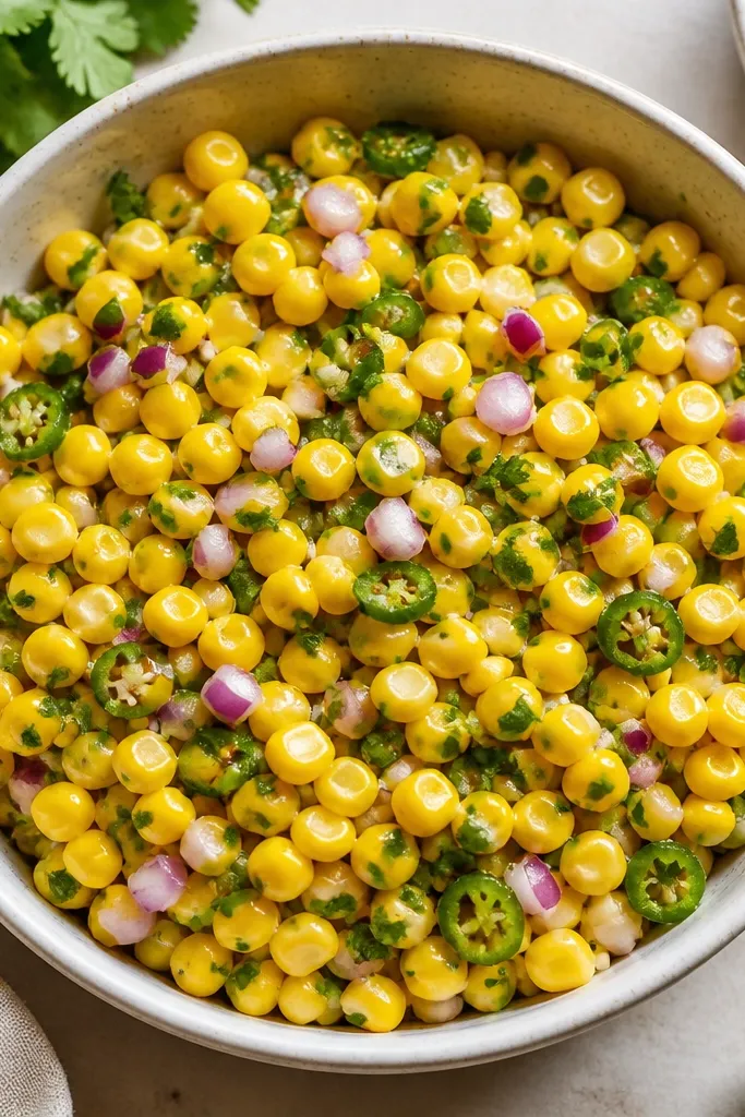 A bright yellow corn salsa with green cilantro and jalapeño, plus red onion bits, and no visible tomato chunks - the surface looks clean and even.