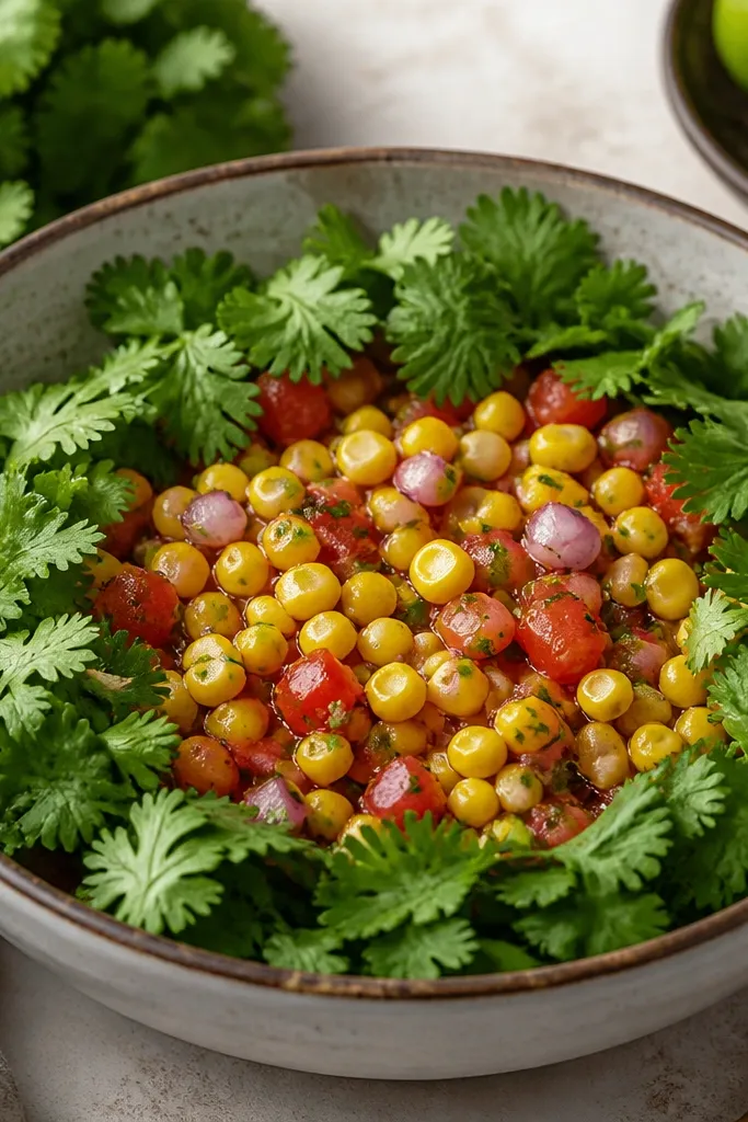A serving bowl where the salsa is mixed, then a ring of cilantro leaves is placed around the rim, with kernels and onion still visible in the middle.