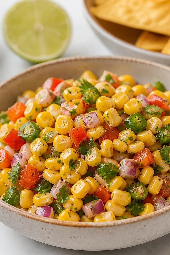 Corn salsa with visible black pepper flecks and tiny cumin powder dusting on kernels, giving a speckled, glossy look under bright light.