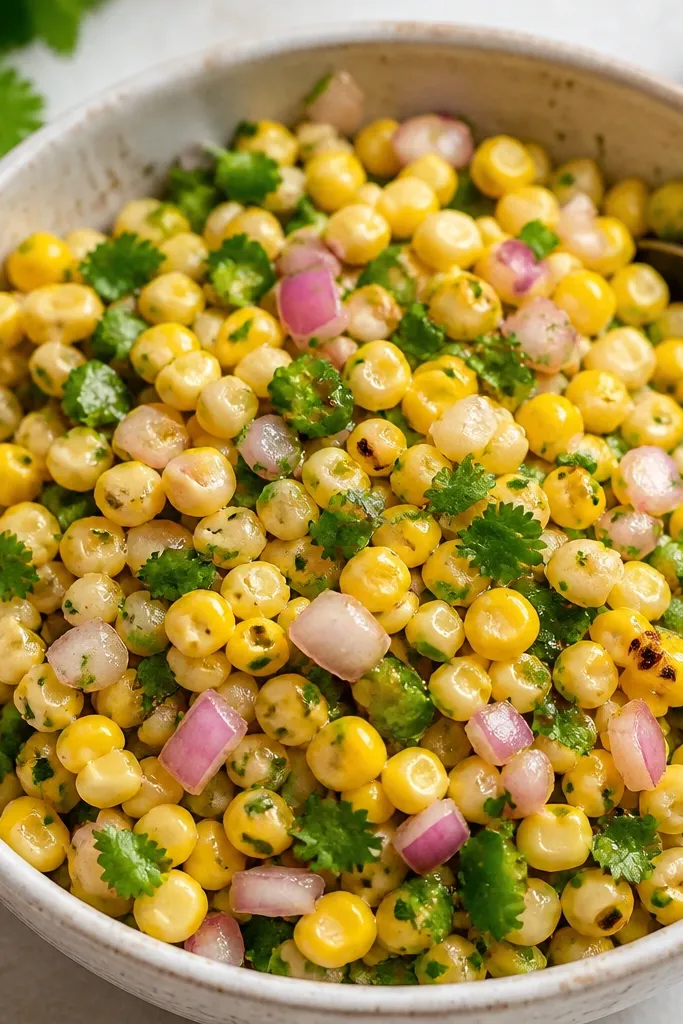 Corn salsa with onion pieces that look slightly translucent and pinkish, evenly mixed, with cilantro and jalapeño visible throughout.