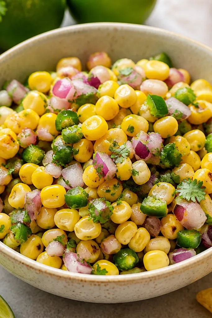 Corn salsa where small green jalapeño pieces include a few visible seeds, giving tiny specks throughout with cilantro and red onion.