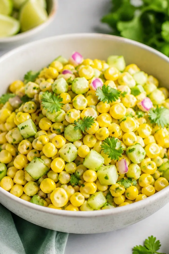 Corn salsa with small pale-green cucumber dice scattered through, making the bowl look lighter and extra fresh, with bright yellow kernels underneath.