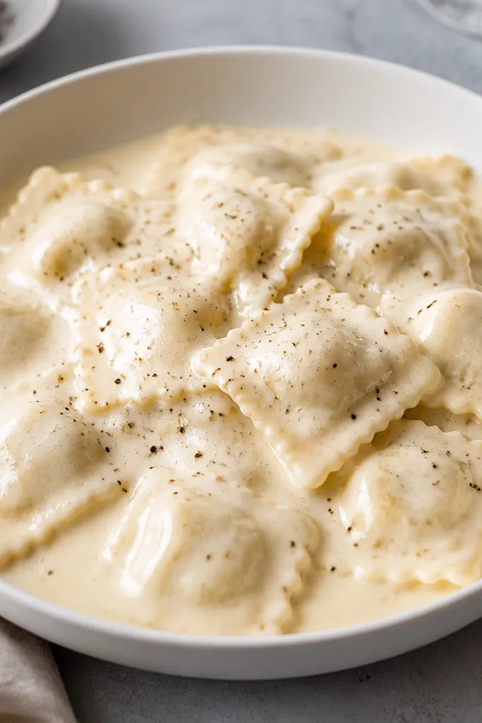 A white bowl filled with creamy off-white alfredo sauce and cheese ravioli, each square showing a faint cheese edge. The sauce has a glossy sheen and small specks of black pepper across the top.