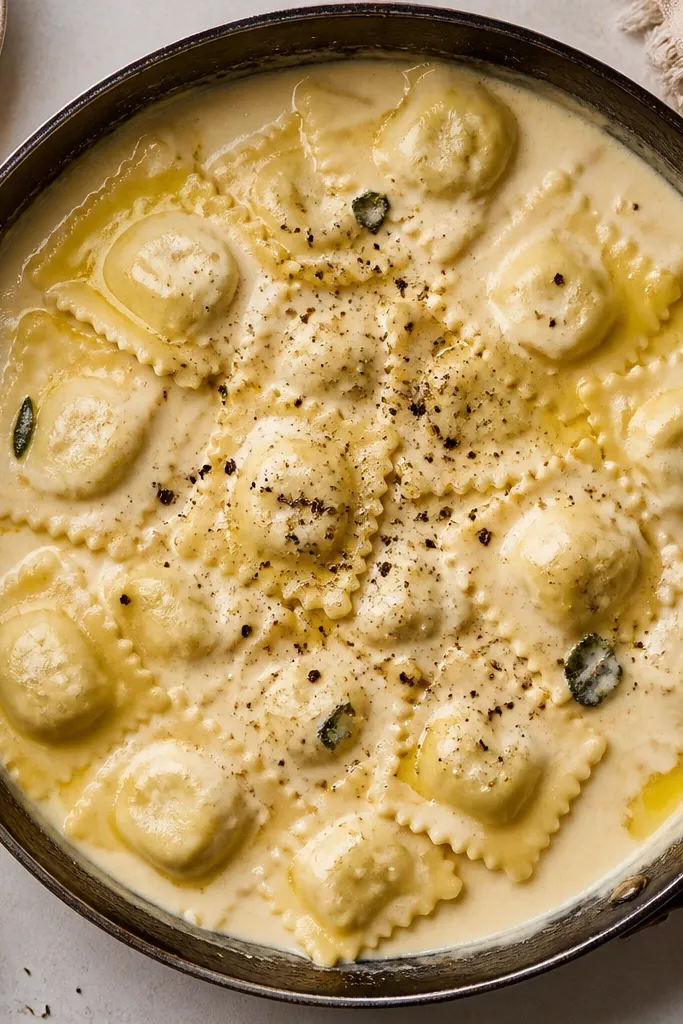 Top-down view of ravioli in creamy sauce with melted butter pooled slightly at the edges of the skillet. Coarse black pepper is scattered like tiny dots over the center.