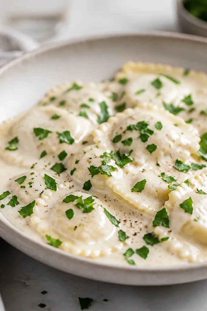 A shallow bowl where chopped flat-leaf parsley is sprinkled across the surface of creamy alfredo ravioli. The green flecks sit on top and don't disappear into the sauce.