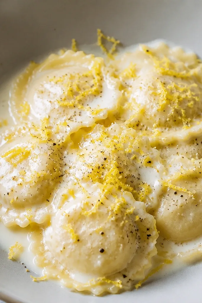 Creamy alfredo ravioli with a thin snowfall of pale yellow lemon zest over the top. The bowl background is light gray, making the zest pop.