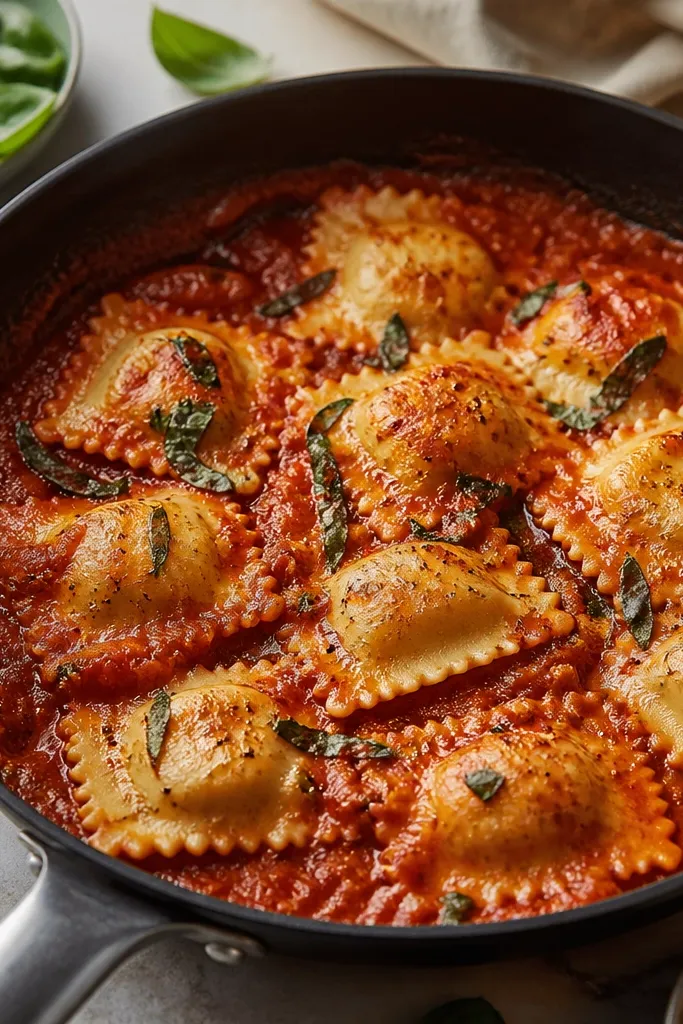 Ravioli nestled in sauce in a skillet, with a few ravioli edges showing light browning. The sauce looks thicker around the perimeter.