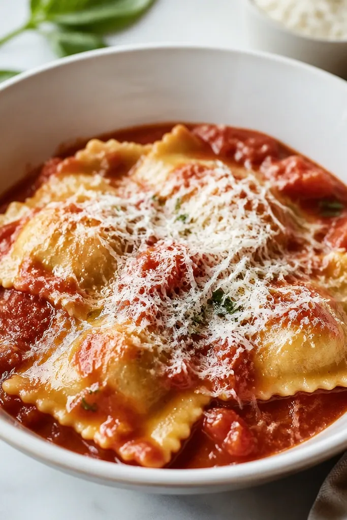 A plated bowl with freshly grated parmesan piled lightly on top, partially melting into thin strings across the sauce. The ravioli edges are visible underneath.