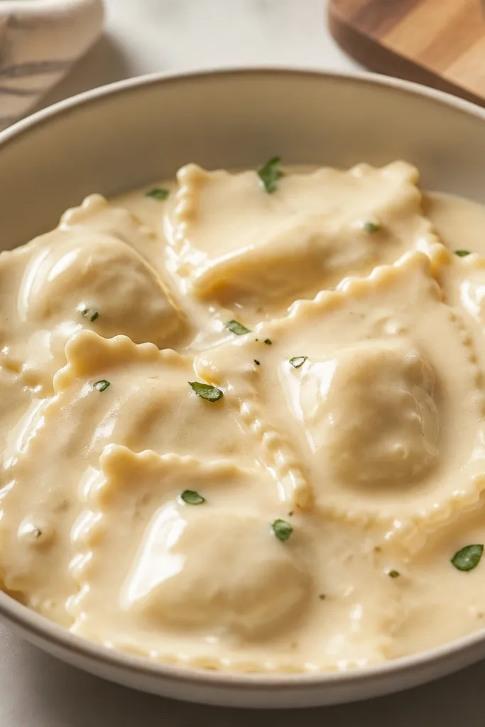 Creamy ravioli alfredo with tiny translucent garlic bits mixed in, but the surface looks mostly smooth and creamy. The lighting shows a slight golden tint.