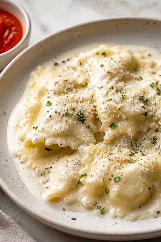 A plate with ravioli in cream sauce and a small side bowl of marinara-red dipping sauce or roasted cherry tomatoes. The red contrasts sharply with the pale alfredo.