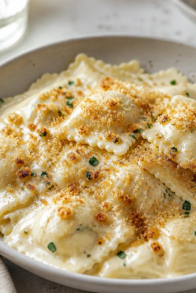 Ravioli in alfredo with a light dusting of toasted breadcrumbs on top. The breadcrumbs are golden and visible against the pale sauce.
