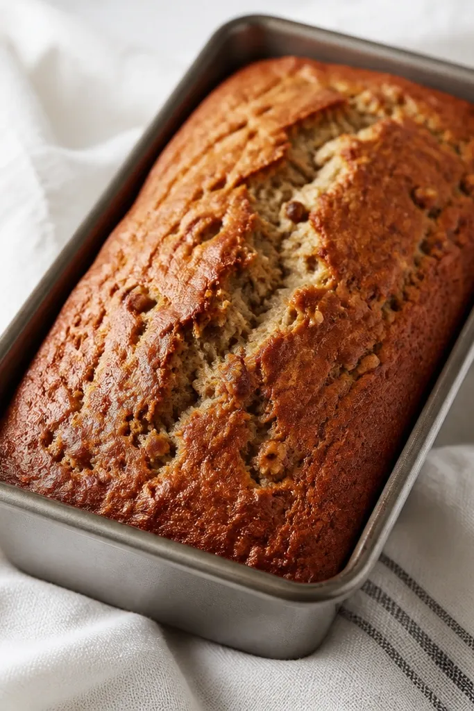 A golden-brown loaf of banana nut bread in a metal loaf pan, with a shiny, slightly cracked top and visible nut flecks near the surface, photographed on a white linen towel.