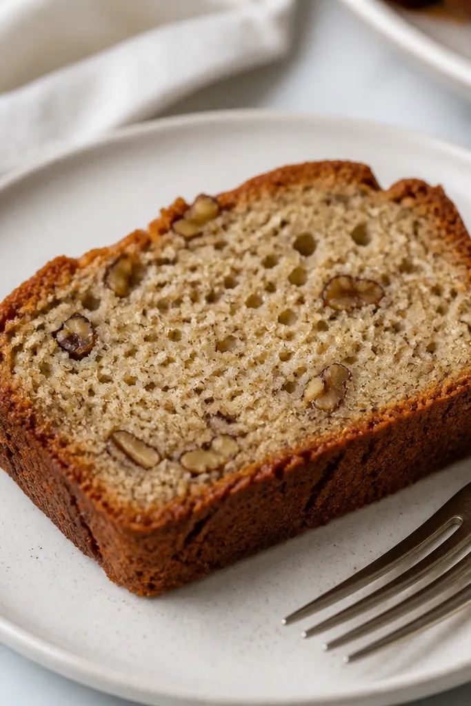 A slice of banana nut bread showing tiny black vanilla bean dots throughout the crumb, with a few walnut pieces embedded, on a ceramic plate with a fork.