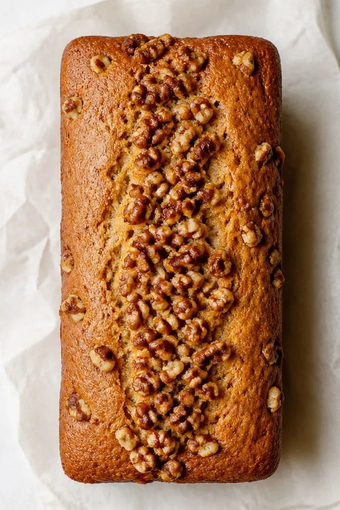A loaf with a band of darker toasted nuts running down the top center, plus a few scattered nut pieces along the sides, photographed from above.