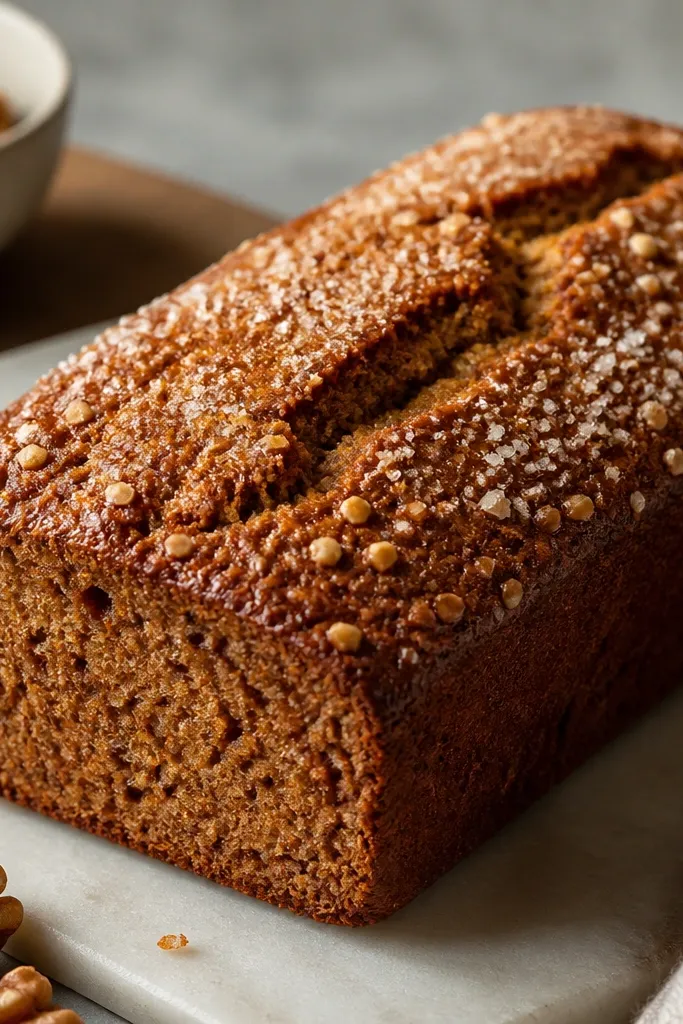 A loaf with a thin layer of coarse sugar on top, catching light with tiny crystals, with a deep amber brown color and scattered nut flecks.