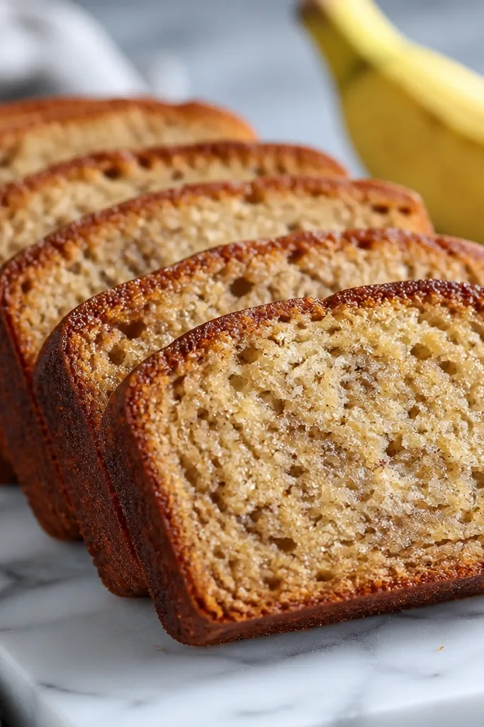Thick slices arranged in a row on a cool marble board, edges browned, crumb airy, with glossy banana aroma implied by sheen on the crust.