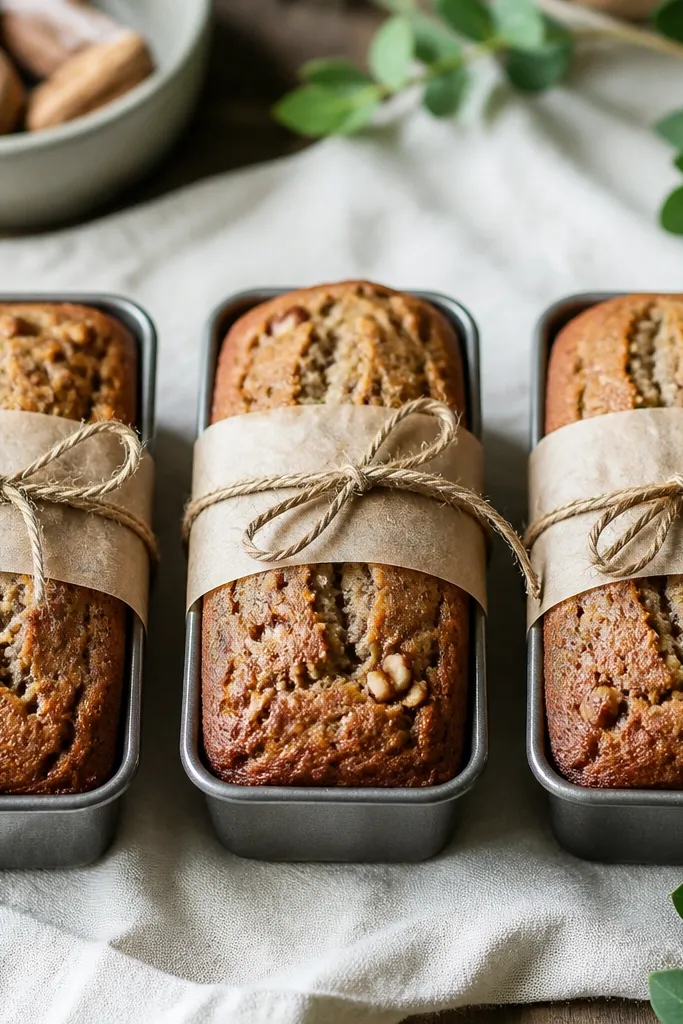 Three small banana nut bread loaves in individual mini loaf pans, each with a domed top and nut flecks, wrapped in simple parchment and tied with twine.